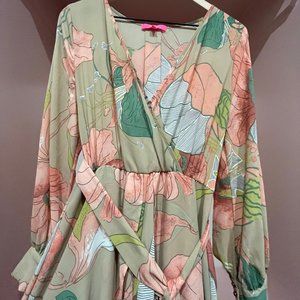 Coral, Green and Beige wrap maxi dress